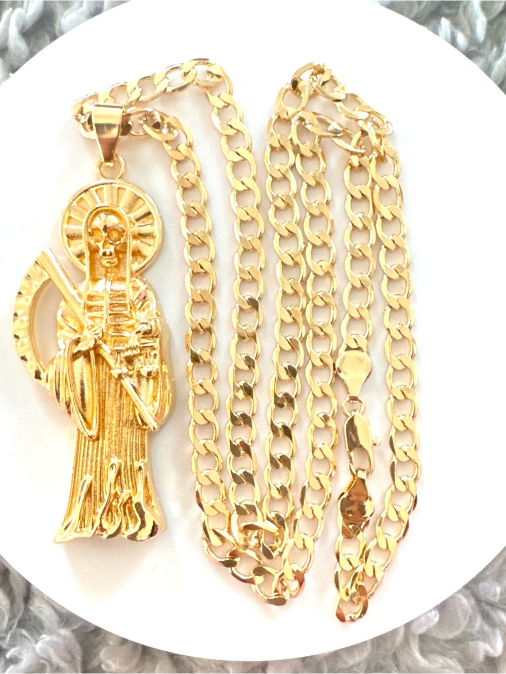 14K Gold Plated Santa Muerte men’s Necklace. New